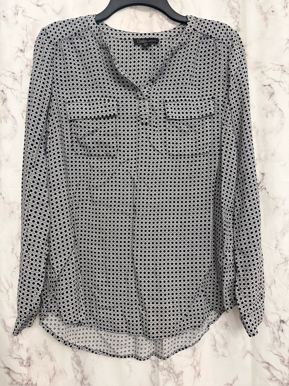 Dalia Black & White Geometric Dot Long-Sleeve Blouse